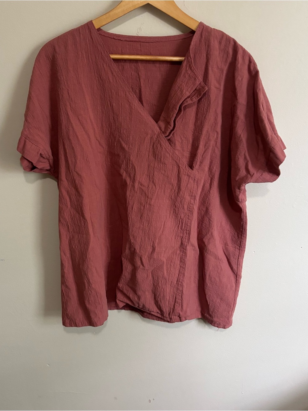 Dusty Rust V-Neck Relaxed Short Sleeve Casual Blouse Top Size L